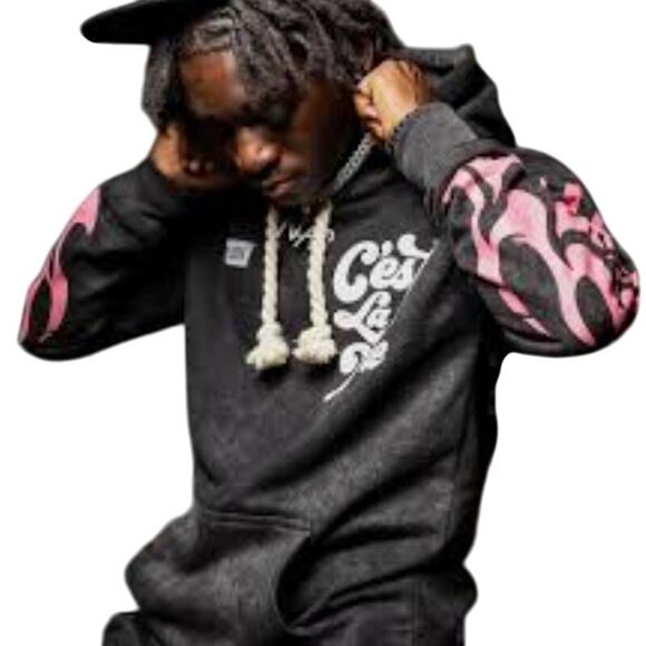 Playbench Plush Jacket Mens M Black‎ Graphic Cest La Vie Drawstring Hoodie Urban - Picture 1 of 12